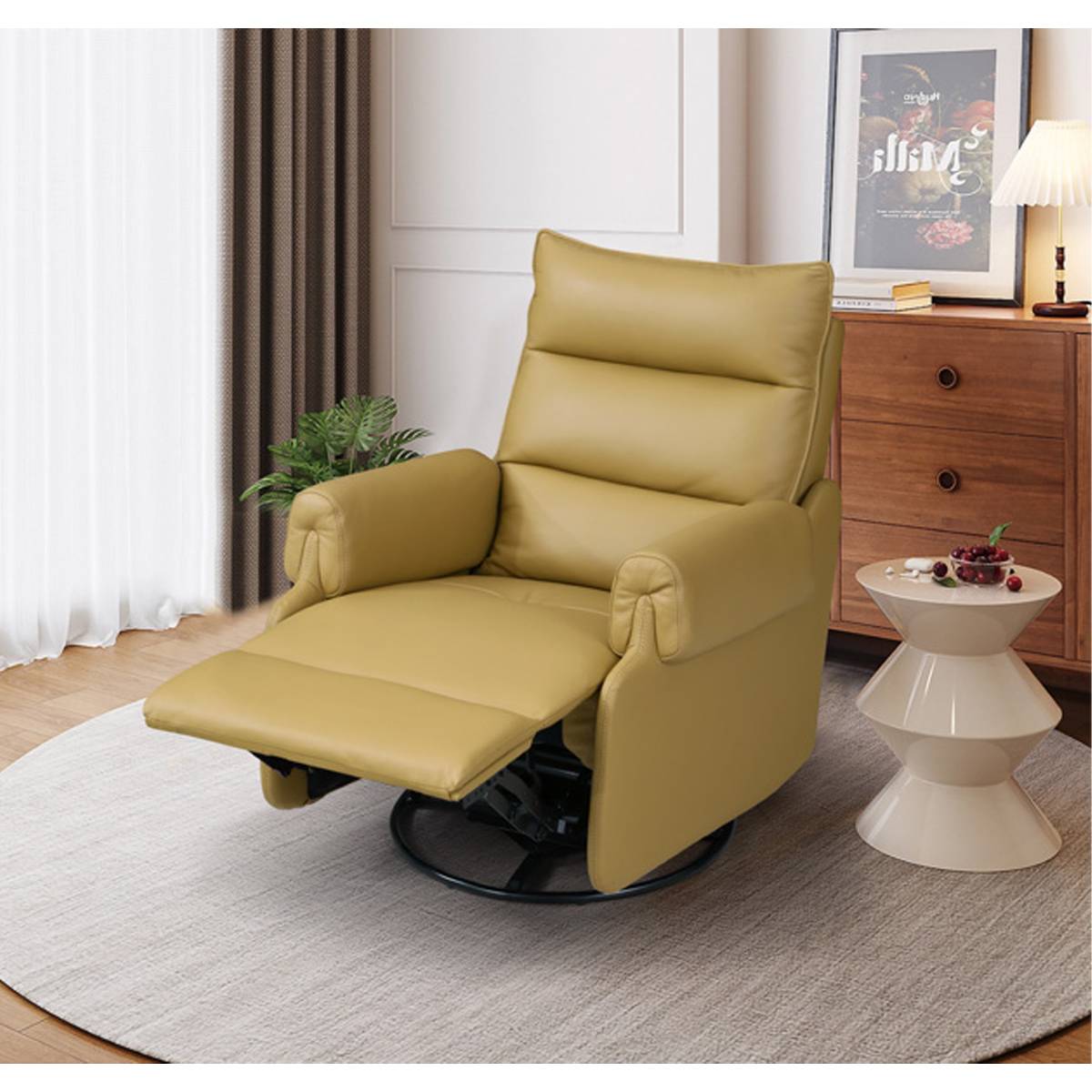 Yellow leather manual recliner swivel chair in reclined position