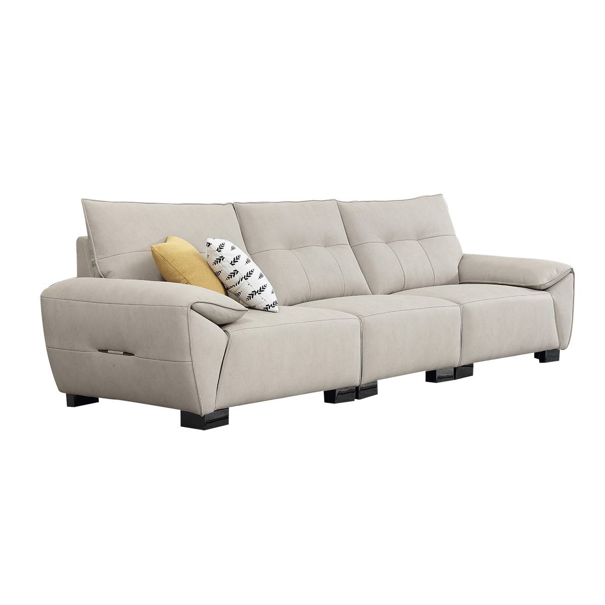 Three-quarter view of the beige sofa against a white background showing the full length and armrests.