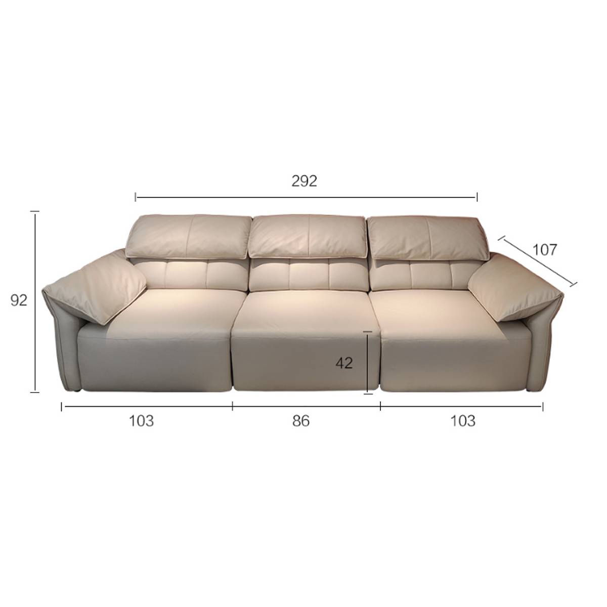 Beige sofa bed with dimension annotations showing width, depth, and height