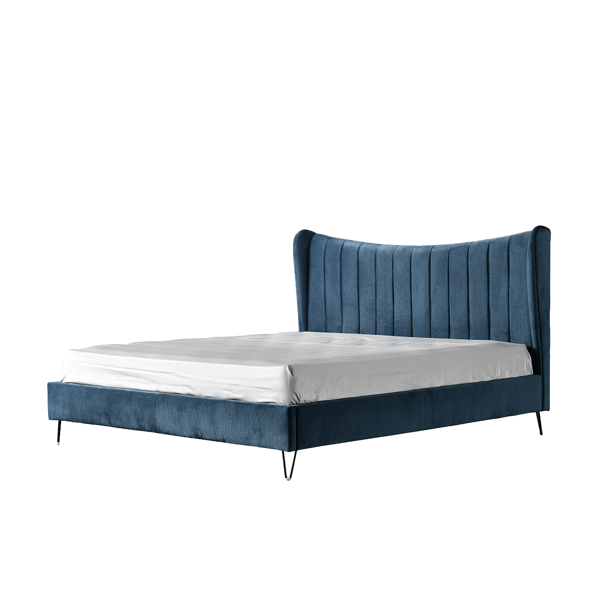 Side angle view of the blue velvet bed showing the frame and legs
