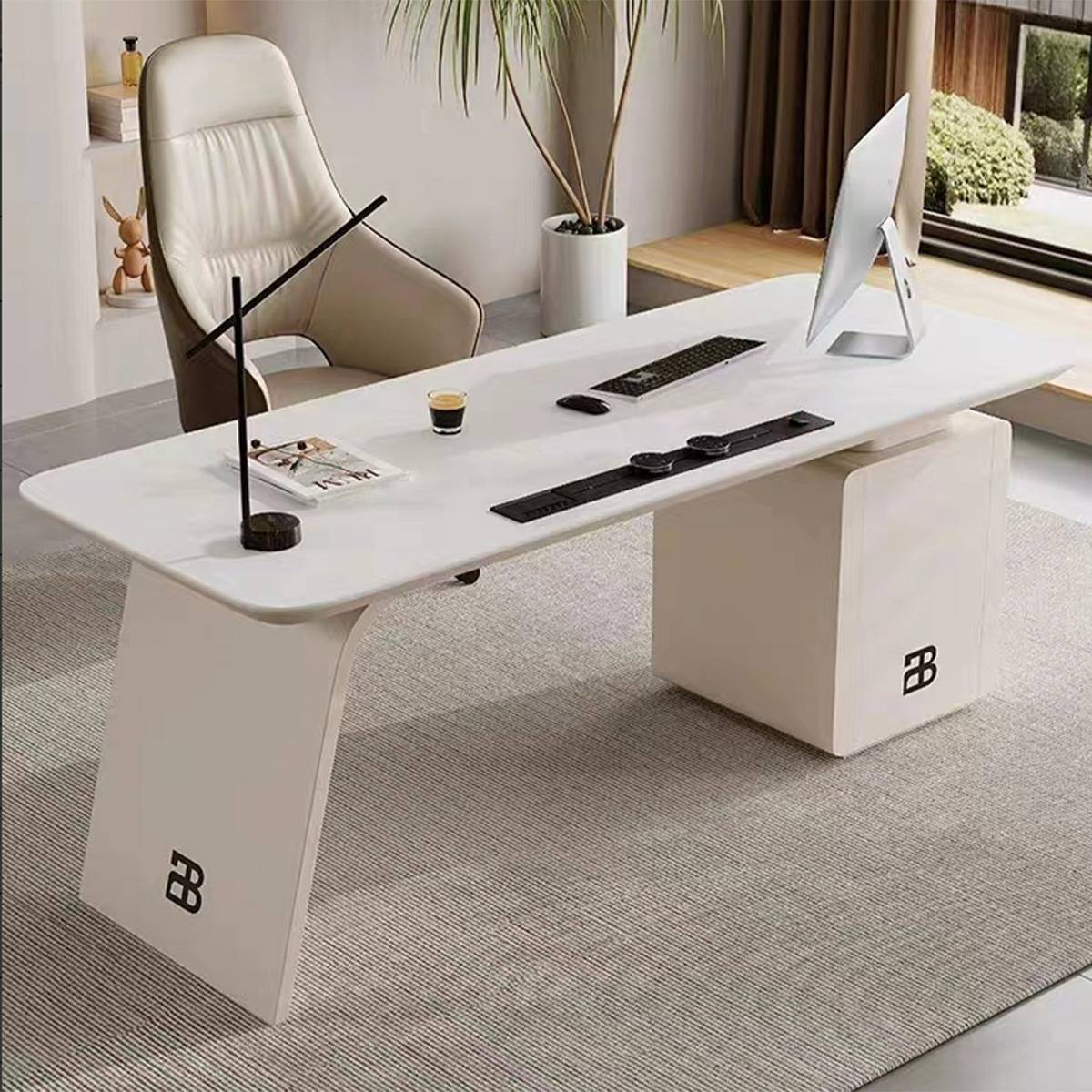 White modern desk with short cabinet base and office chair