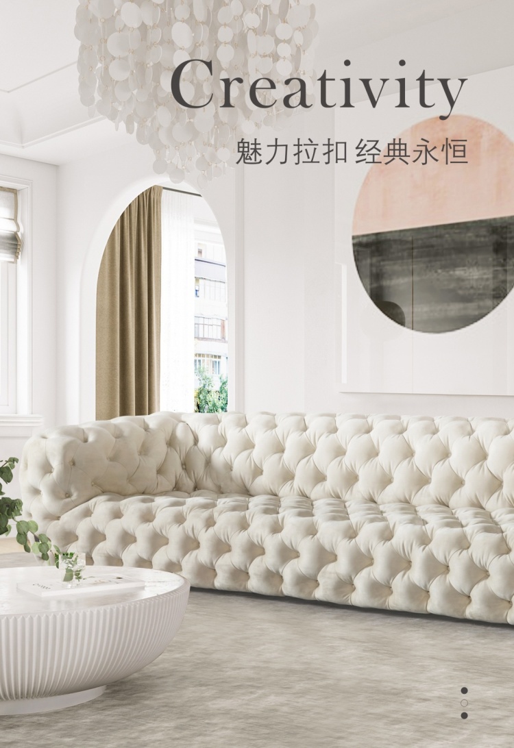 Full view of the sofa in a living room setting with text overlay 'Creativity'