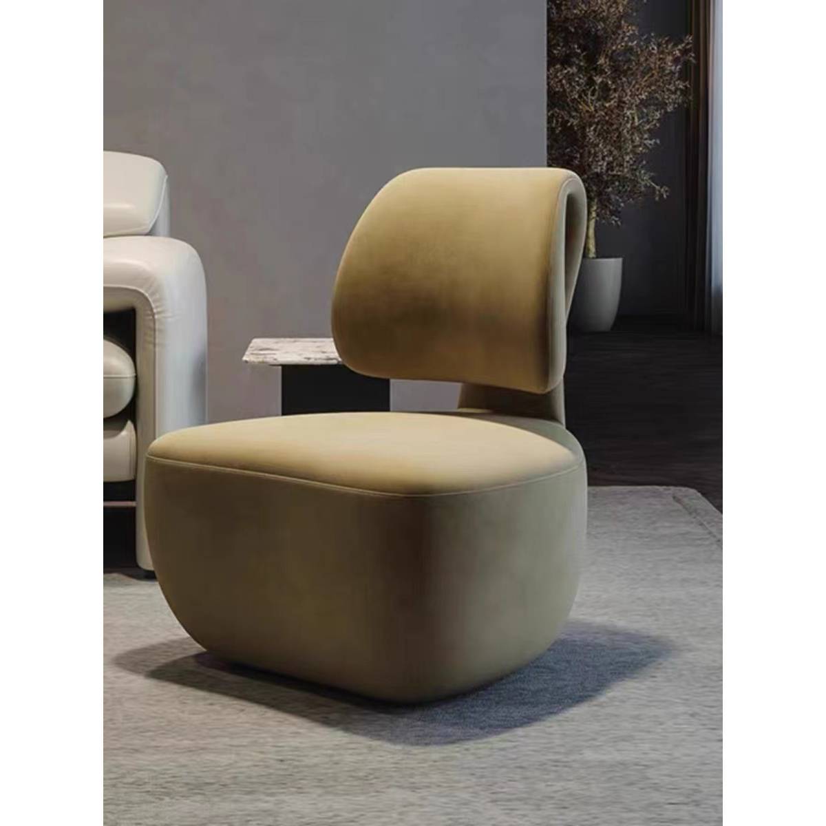 A mustard yellow Bean Sprout Lounge Chair placed in a modern living room setting