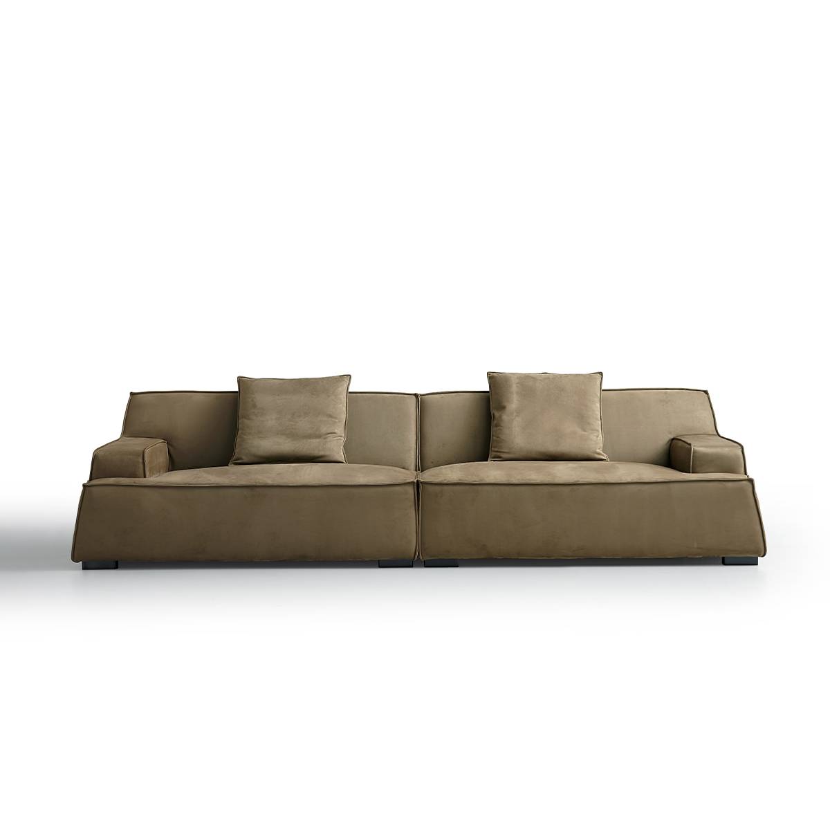 Front view of the beige Damascus sofa showing two seat sections