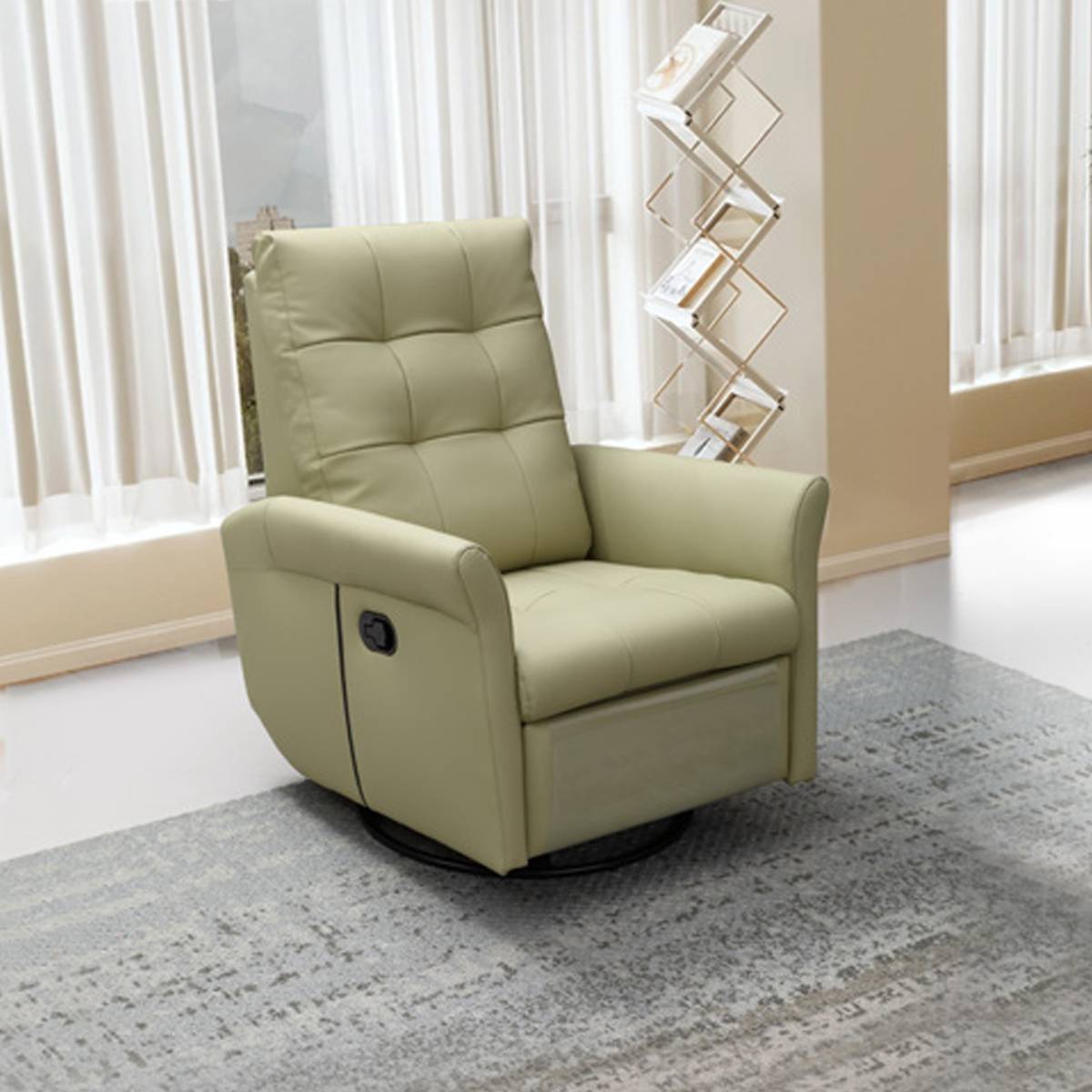 Light green leather recliner chair in upright position