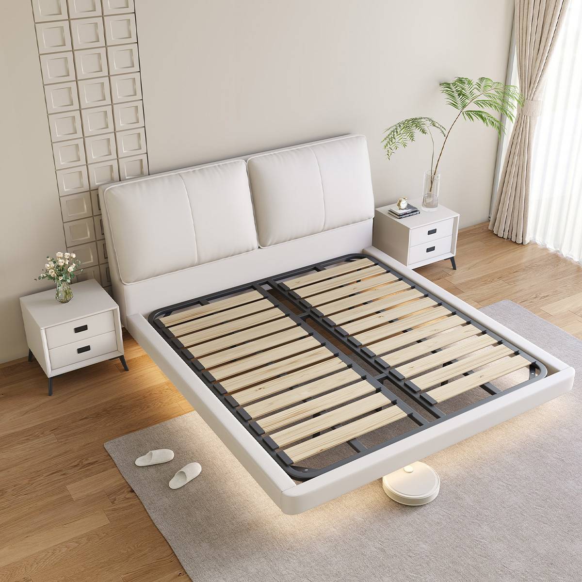 White floating bed frame showing wooden slats and metal support structure