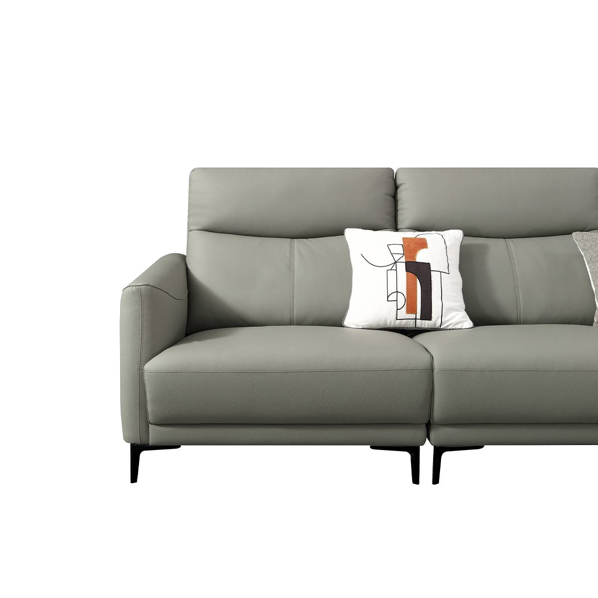 Front view of a grey leather straight sofa with decorative pillows