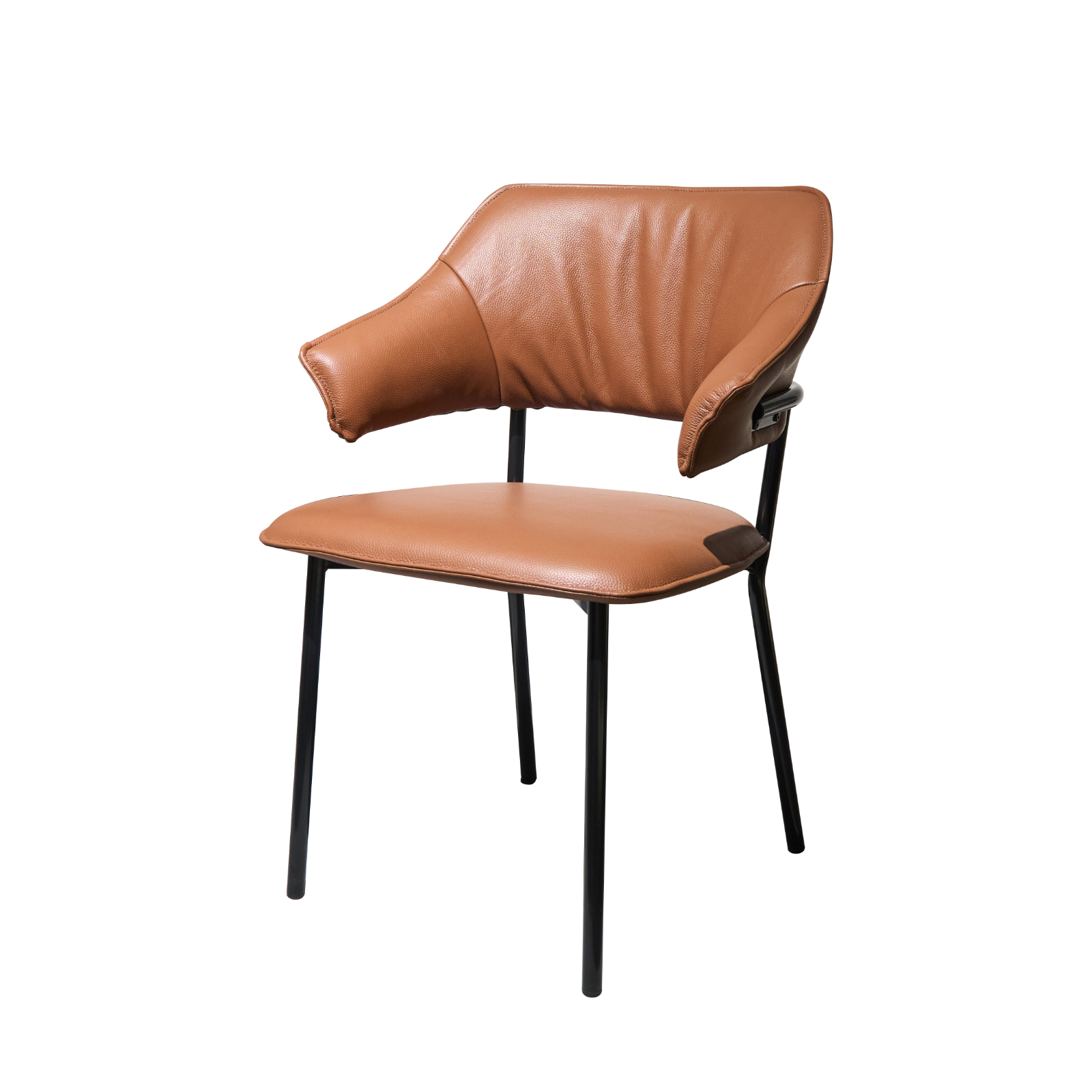 Side view of a brown leather dining chair with black metal legs
