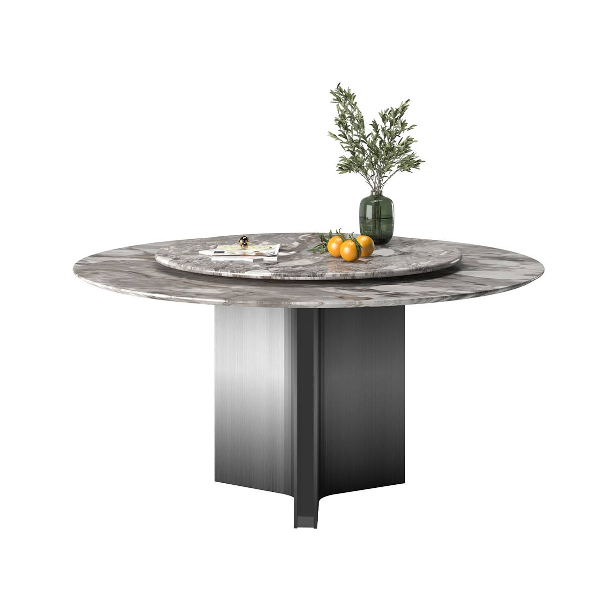 Round dining table with grey marble top and lazy susan, isolated on white background