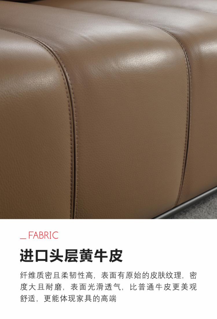 Close-up detail of the brown leather upholstery showing the texture and stitching of the piano-key design.