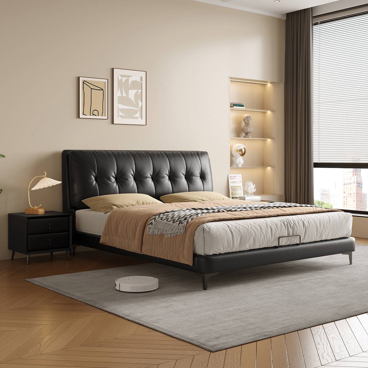 Black eco-leather tufted bed variation