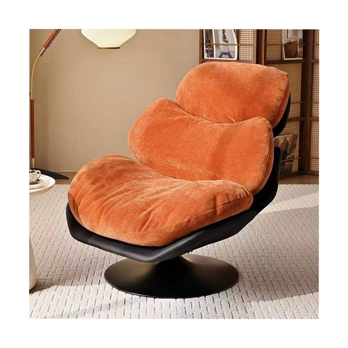Lounge chair with solid orange velvet cushions