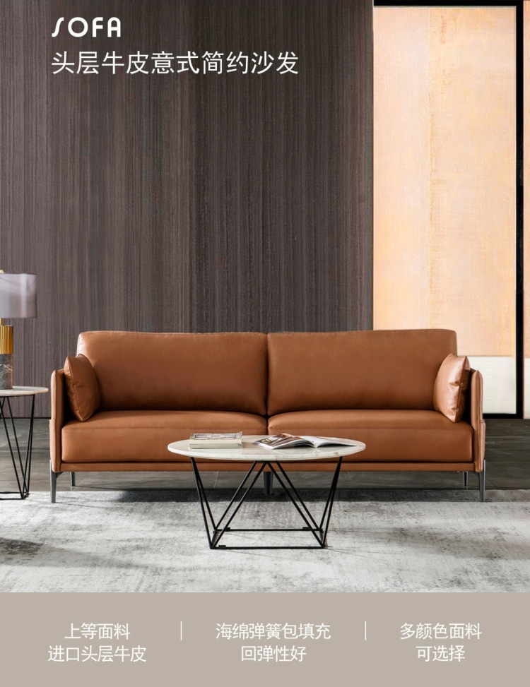 Front view of the Italian minimalist sofa with text overlay describing features