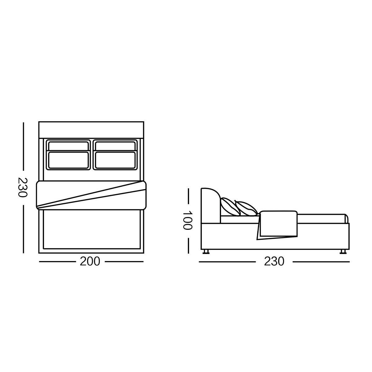 Front view of a beige leather bed frame with a four-cushion headboard and wooden slat base.