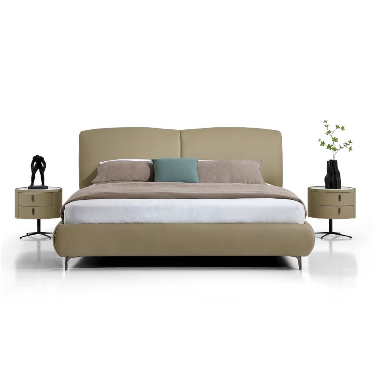 Front view of the beige leather bed showing the headboard and bedding