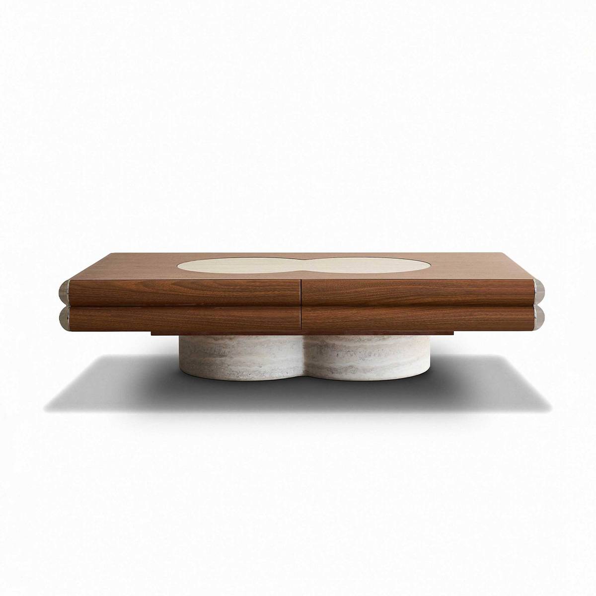 Front view of the B10 coffee table showing the walnut top and travertine base