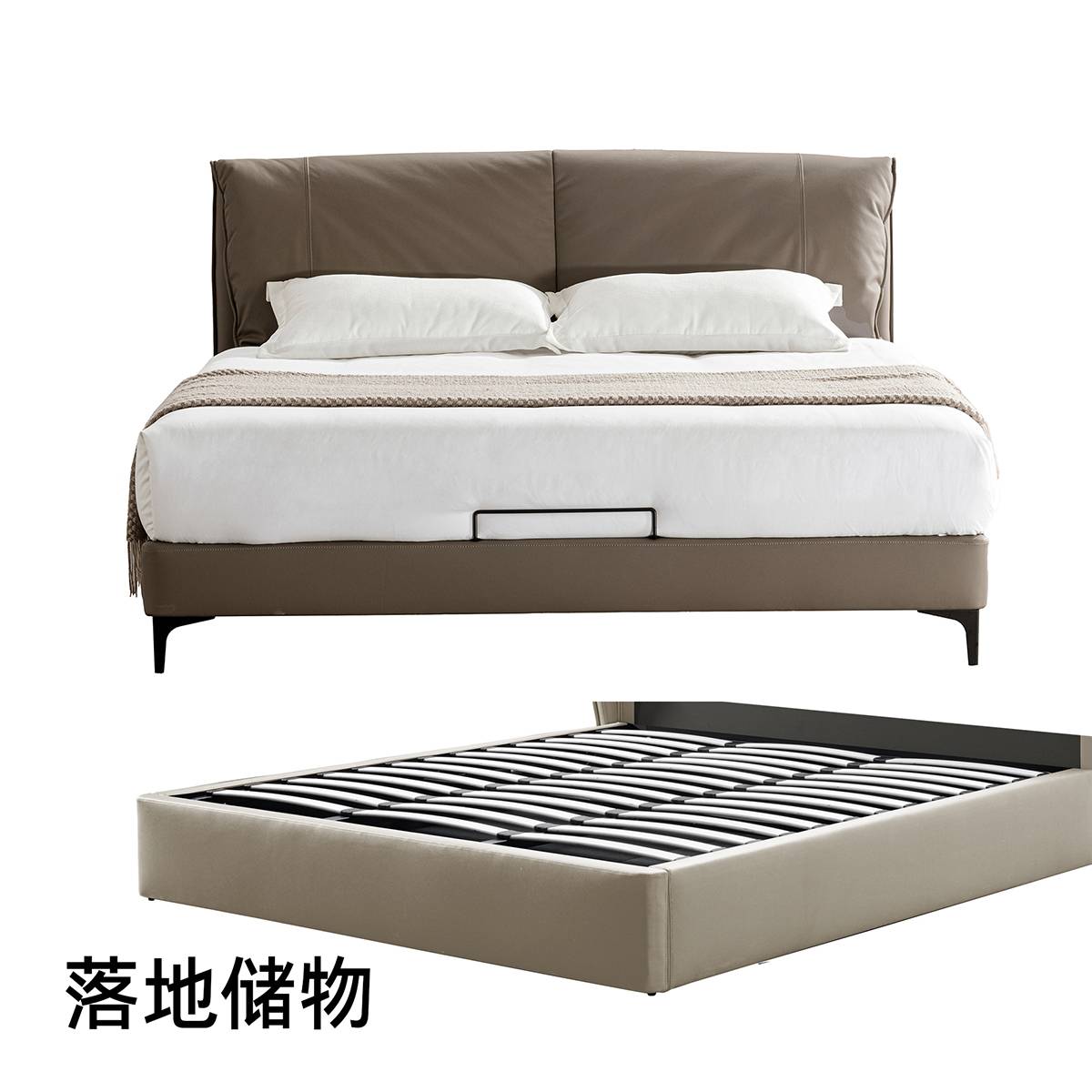 Comparison image showing the floor-level storage version of the bed frame