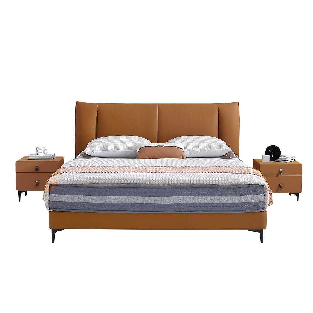 Front view of a brown leather soft bed with a padded headboard and steel-wood slat base