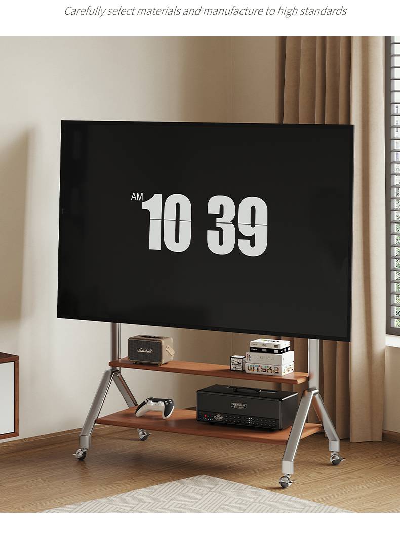 Close up of TV stand with TV showing time 10:39