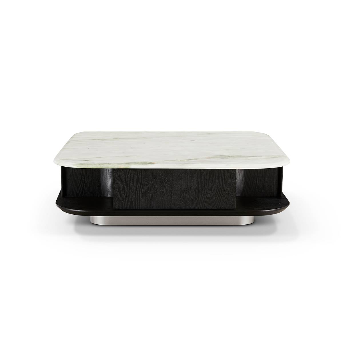 Front view of the coffee table highlighting the elm veneer texture and metal base