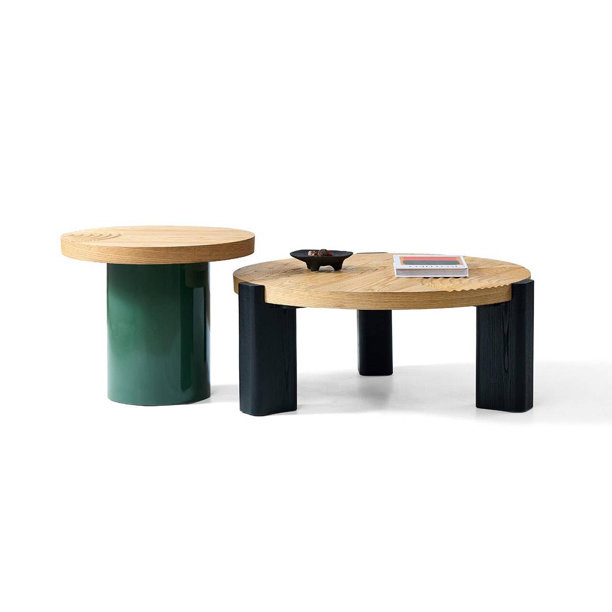 Side profile view of the coffee table set highlighting the height difference and leg structures