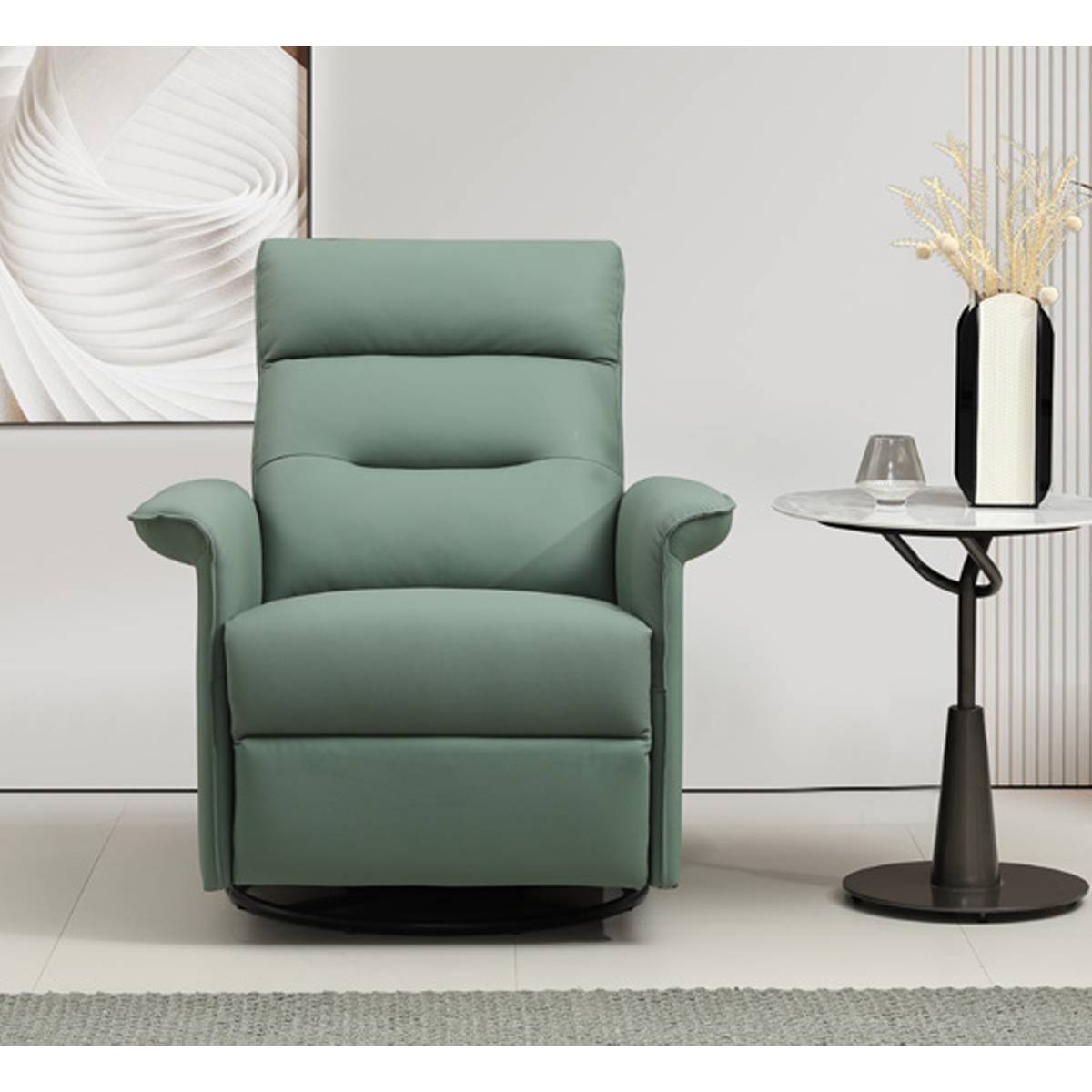 Front view of green leather manual recliner swivel chair