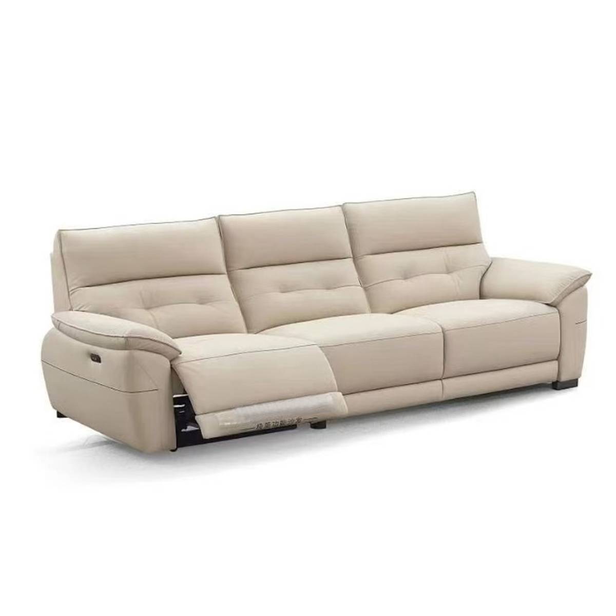 Beige genuine leather straight recliner sofa with left seat reclined