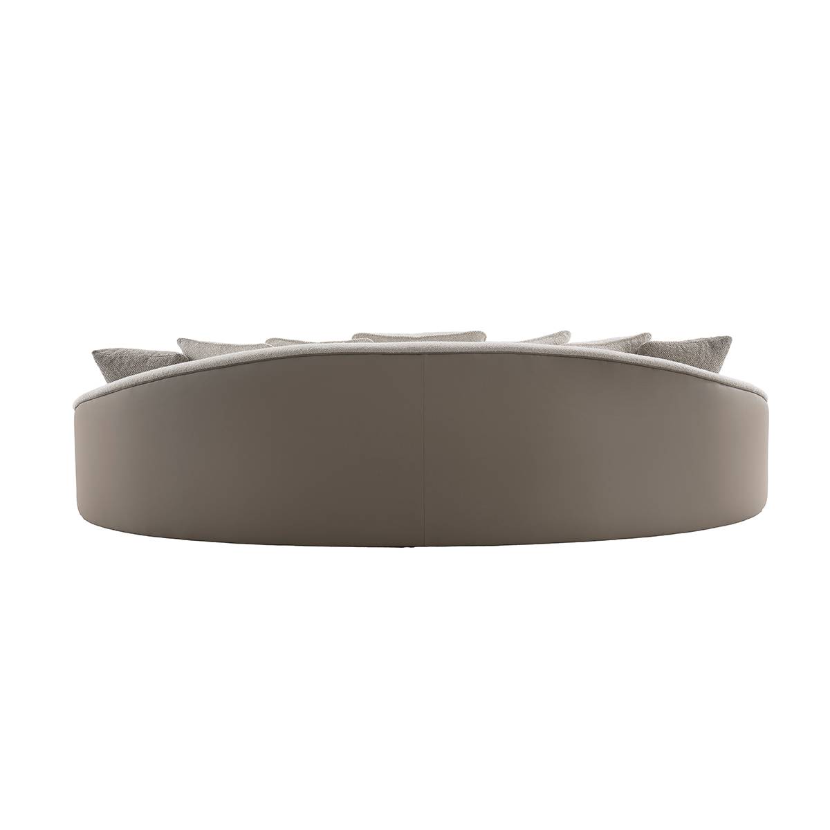 Rear view of the curved beige fabric sofa