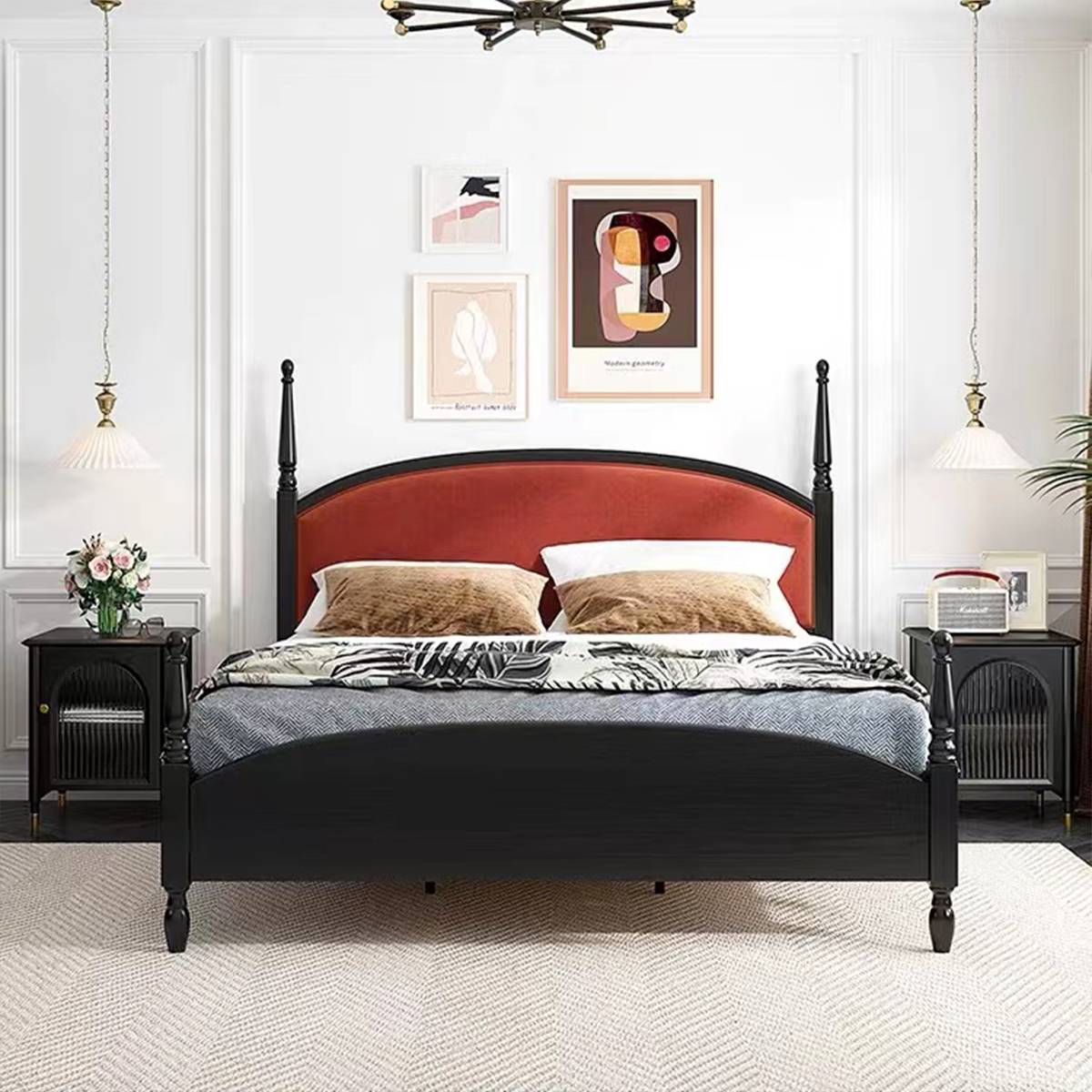 Side angle view of the bed showing the turned posts and footboard design