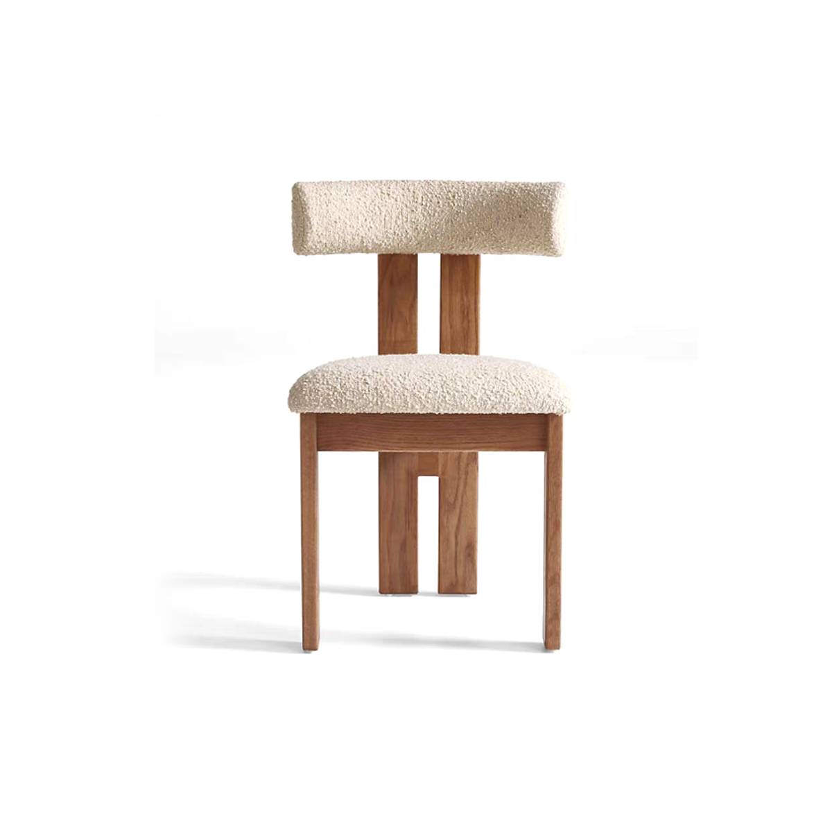 Walnut wood frame dining chair with beige bouclé upholstery front view
