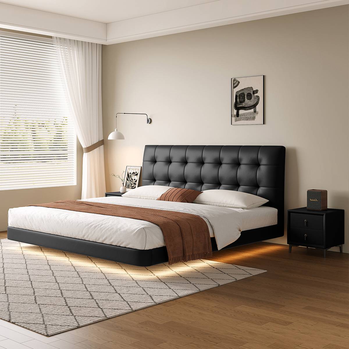 Black eco-leather tufted bed in a modern bedroom setting
