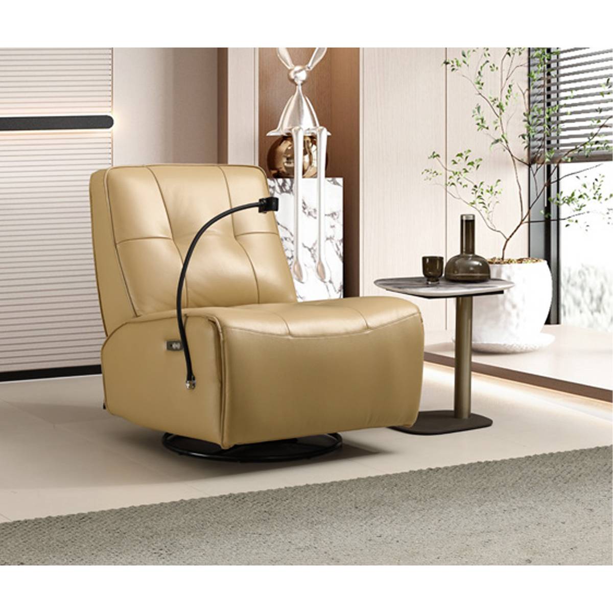 Side view of the beige electric recliner chair showing the reading light and side profile.