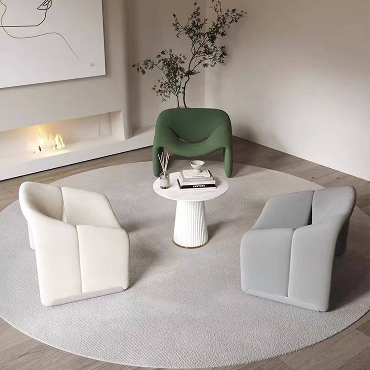 White, grey, and green Smile Lounge Chairs arranged in a circle