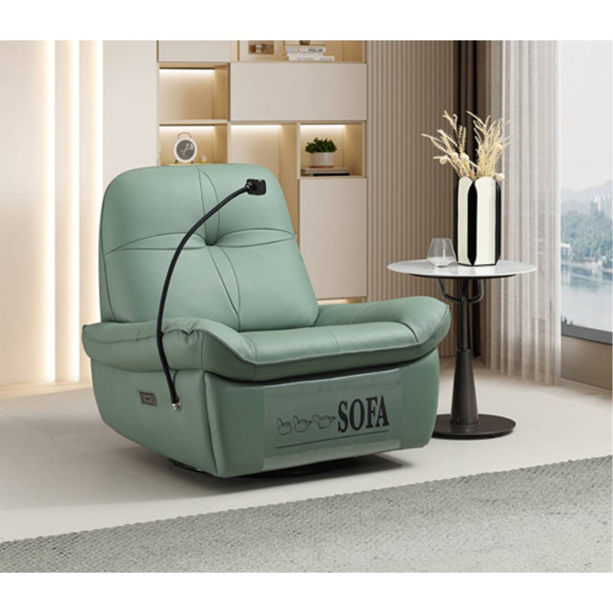 Side view of the green electric recliner chair in upright position