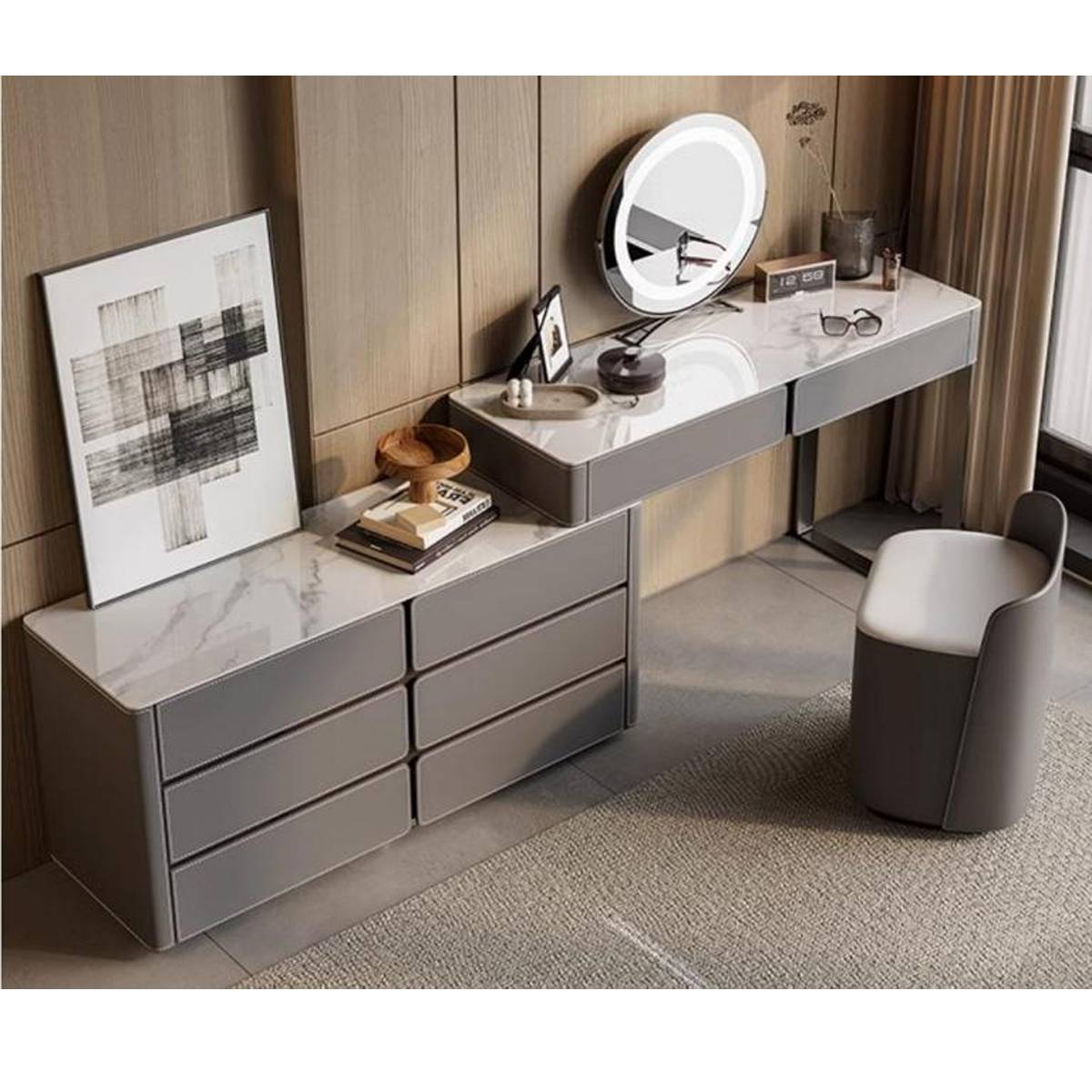 Angled view of the vanity set showing the side chest of drawers and stool