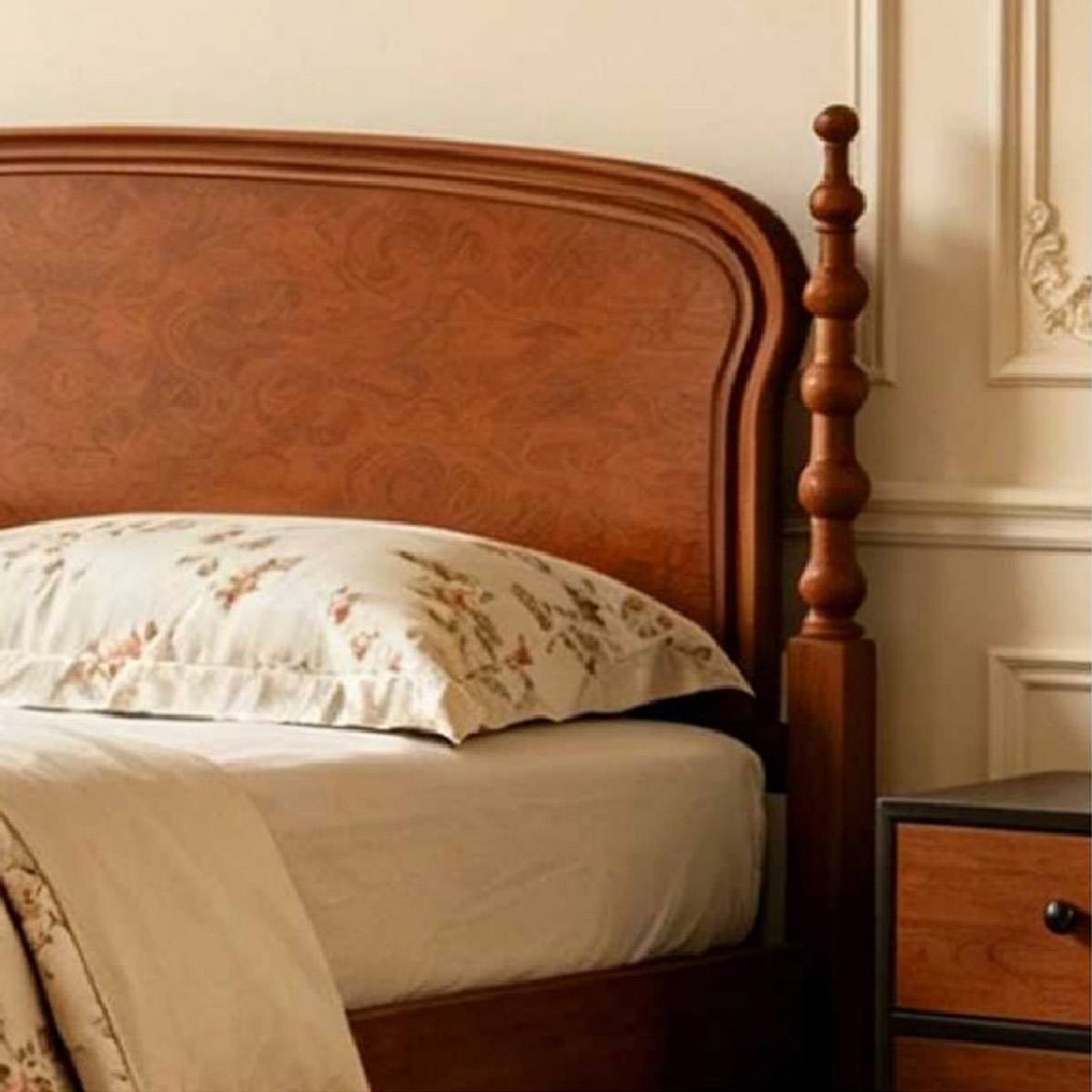 Detail shot of the turned wooden post and headboard texture