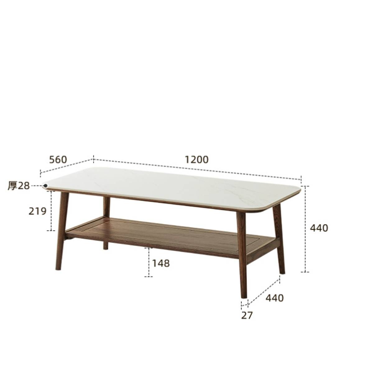 Technical diagram showing dimensions of the Santa Rosa coffee table