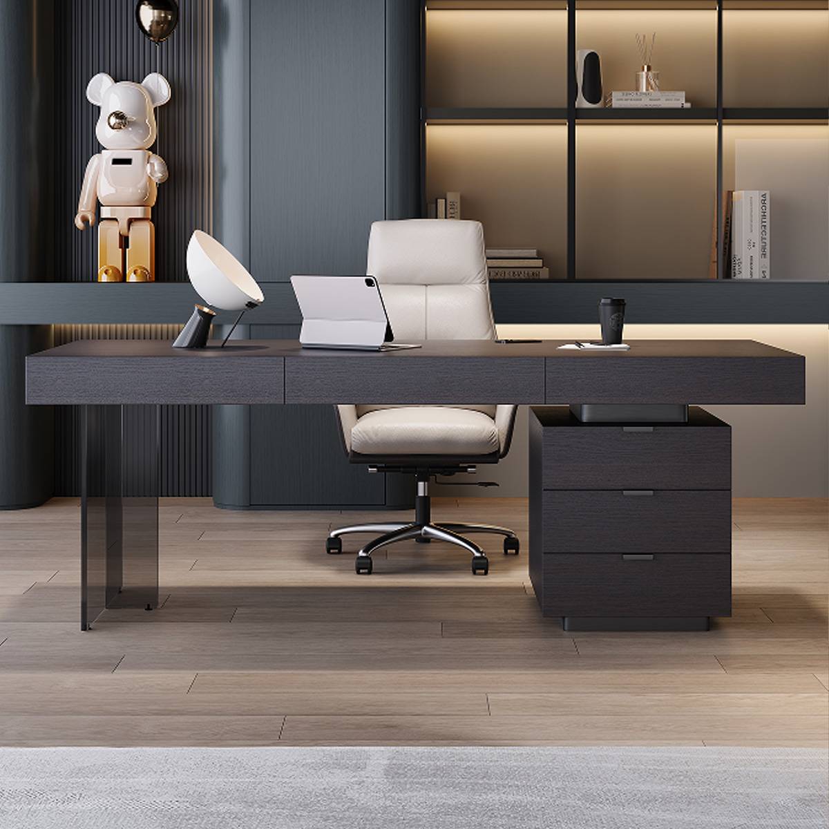 Front view of the desk showing the drawers and workspace setup