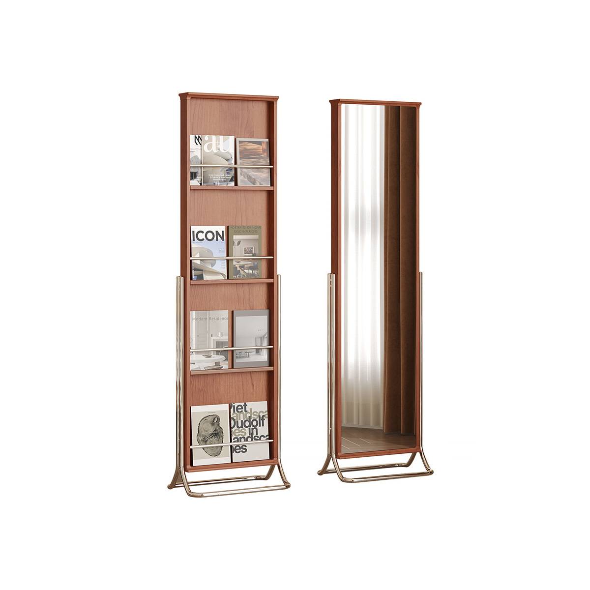 Studio shot of the magazine rack and mirror against a white background