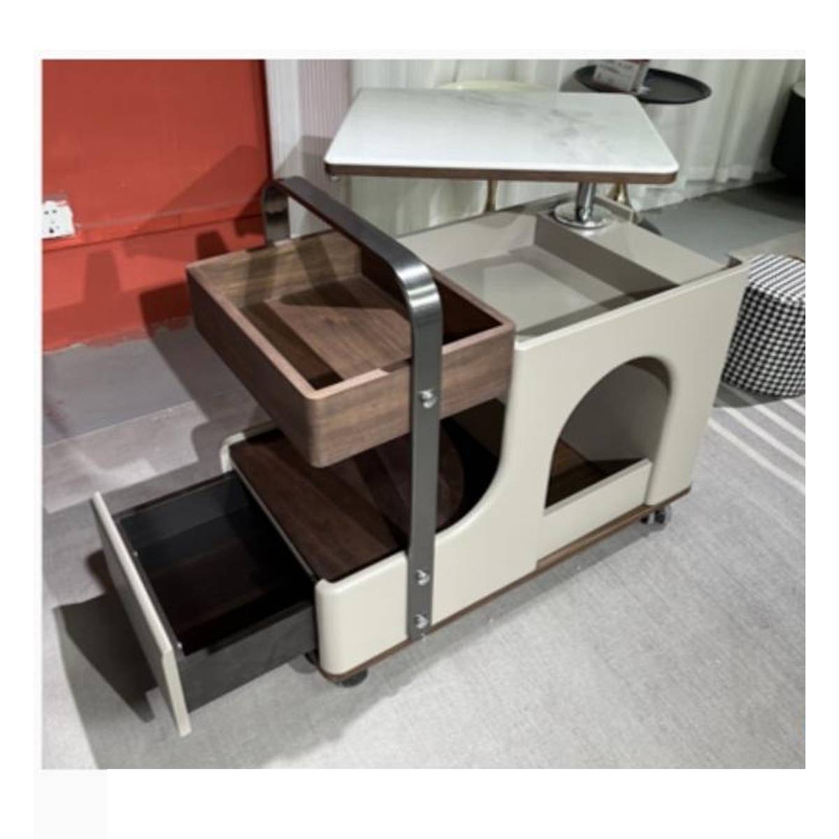 Mobile side cabinet with lift-top raised and lower drawer open