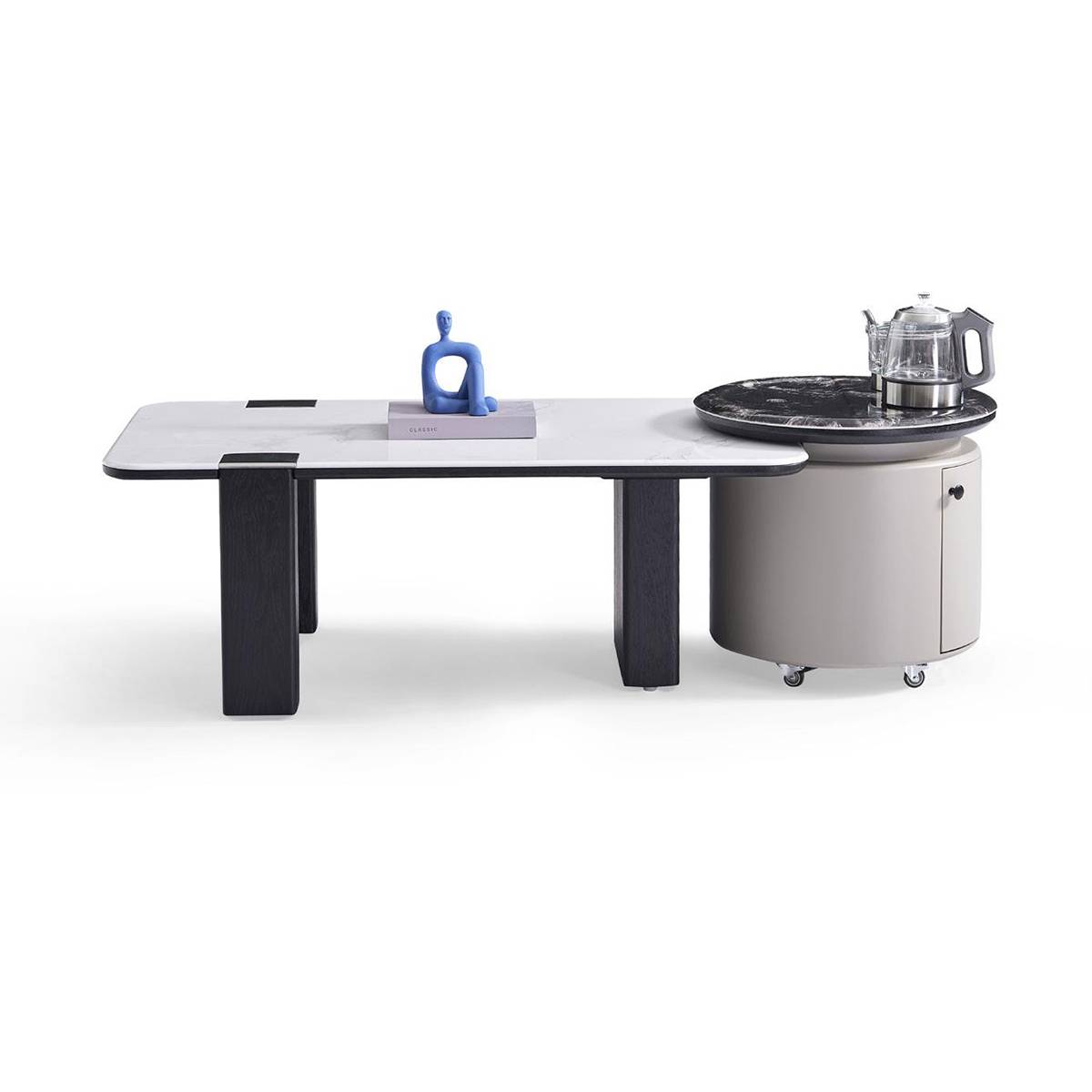 Side profile view of the modern coffee table showing the wooden legs and the cylindrical tea cabinet base.