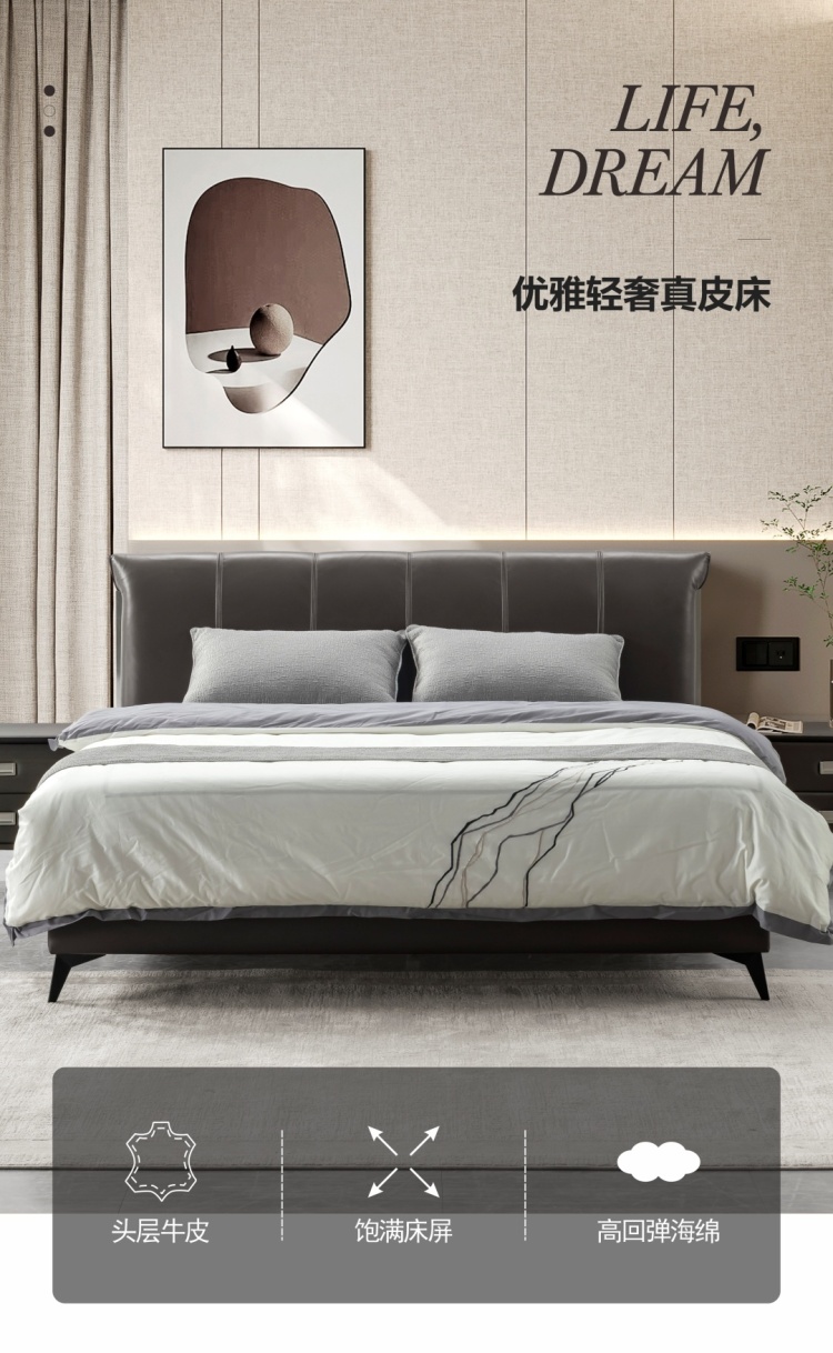 Product feature graphic showing top-grain cowhide, full headboard, and high-resilience sponge