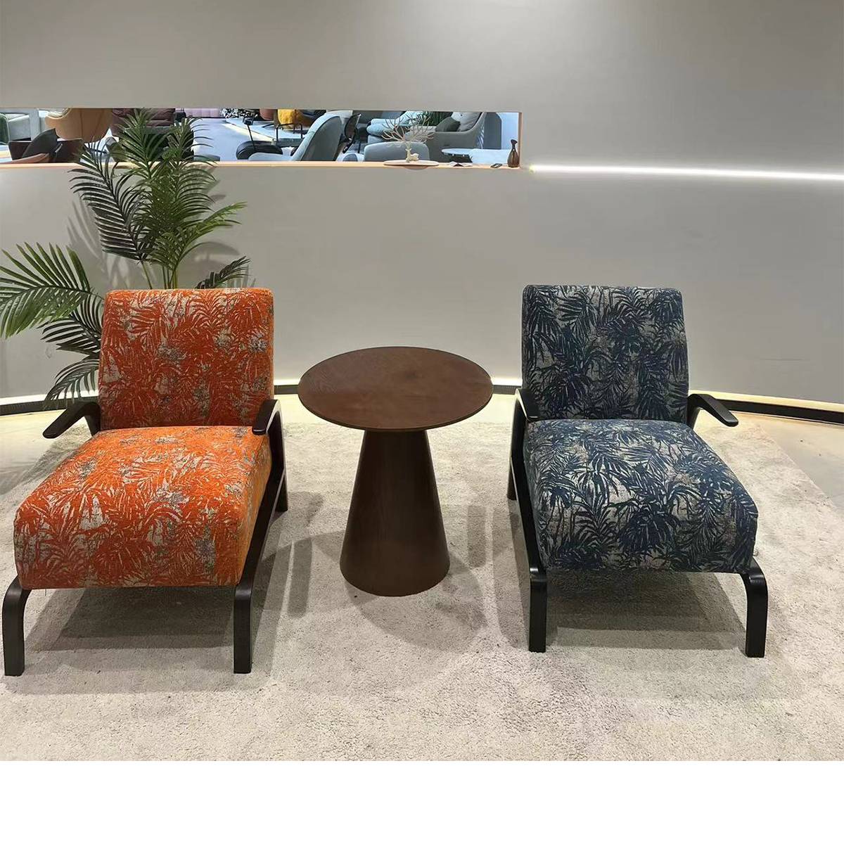 Front view of orange and blue lounge chairs