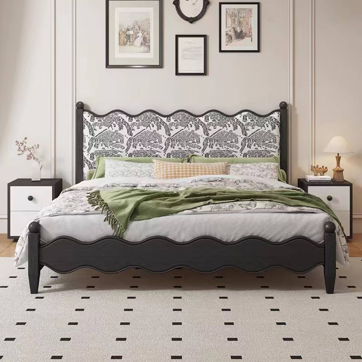 Bed styled with green bedding and a patterned rug in a different room setting.