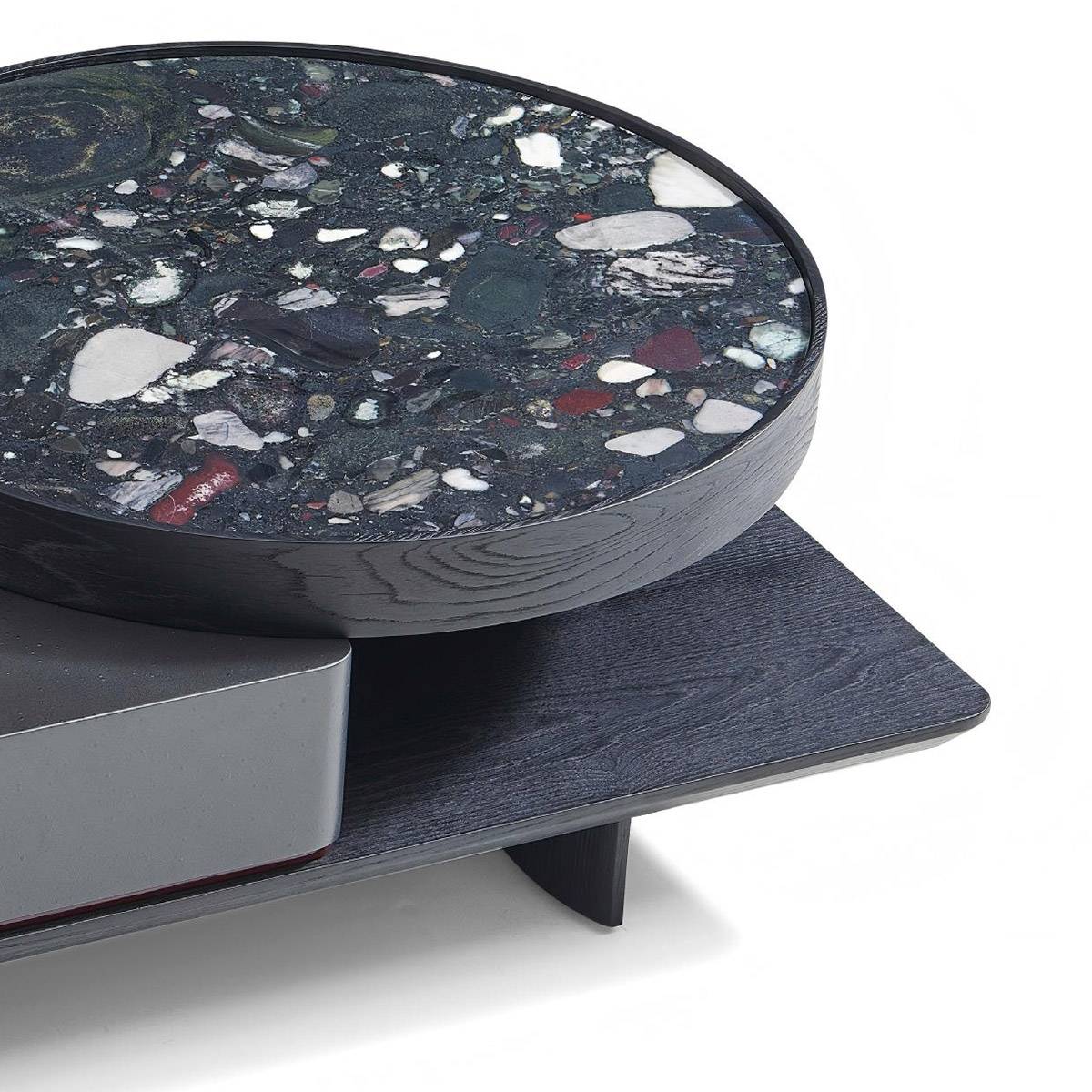Close-up detail of the natural agate stone surface and wood grain base