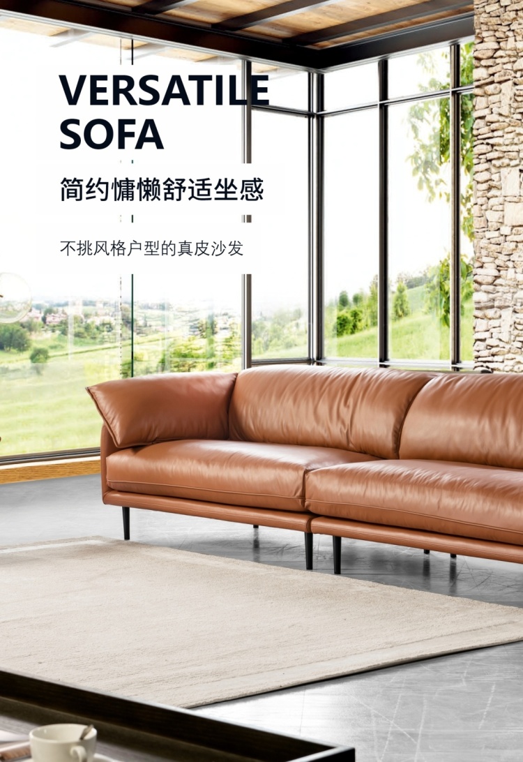 Side view of the sofa with text overlay describing it as a versatile sofa
