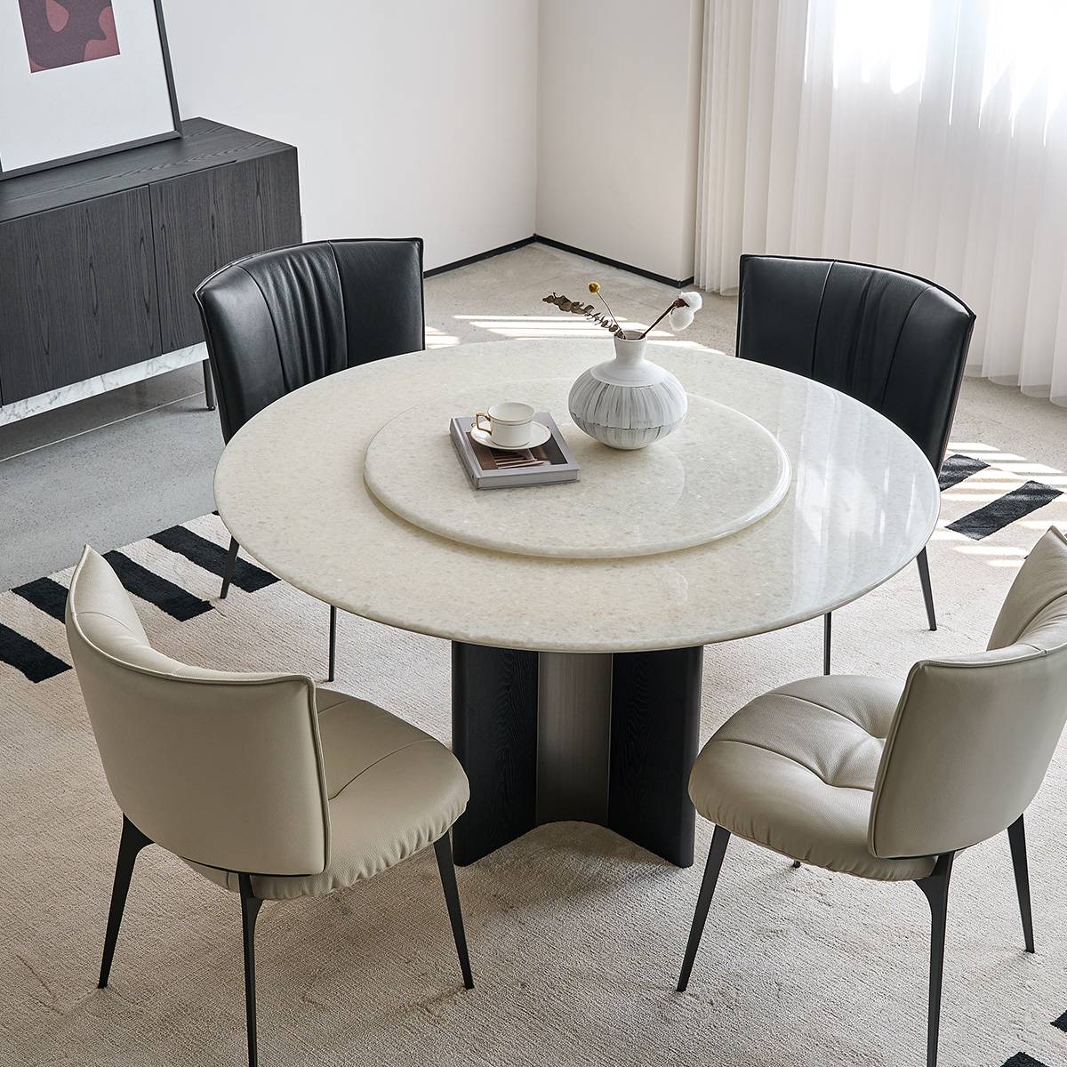 Brazilian Ice Diamond / Diamond White / Bulgari Black Natural Stone Luxury Round Dining Table (with Lazy Susan) (B10-TDj-36)