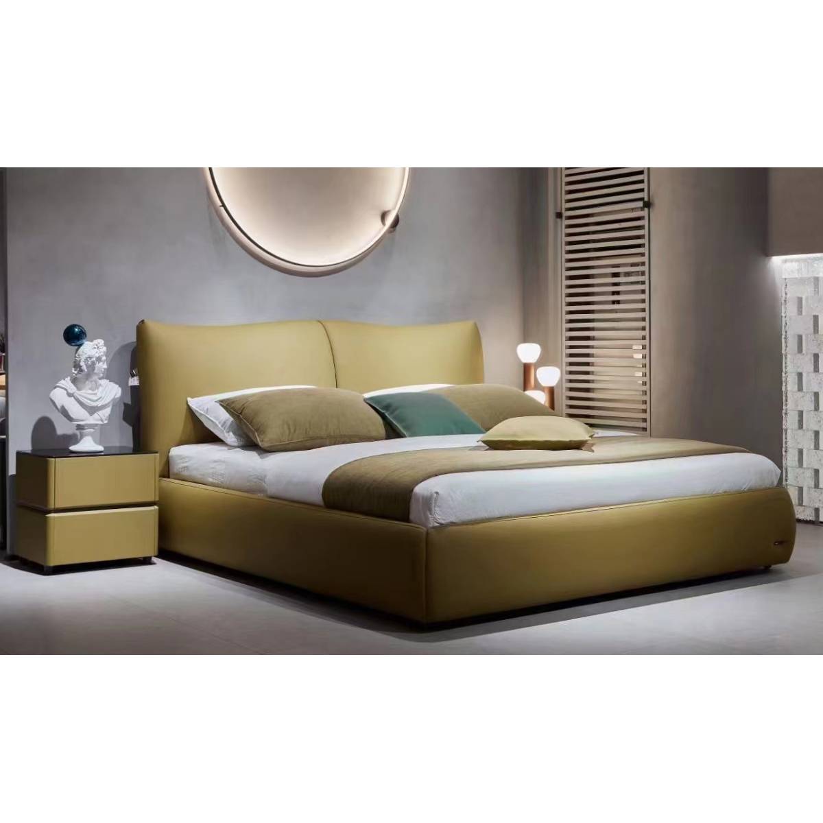 Yellow leather bed in a modern bedroom setting