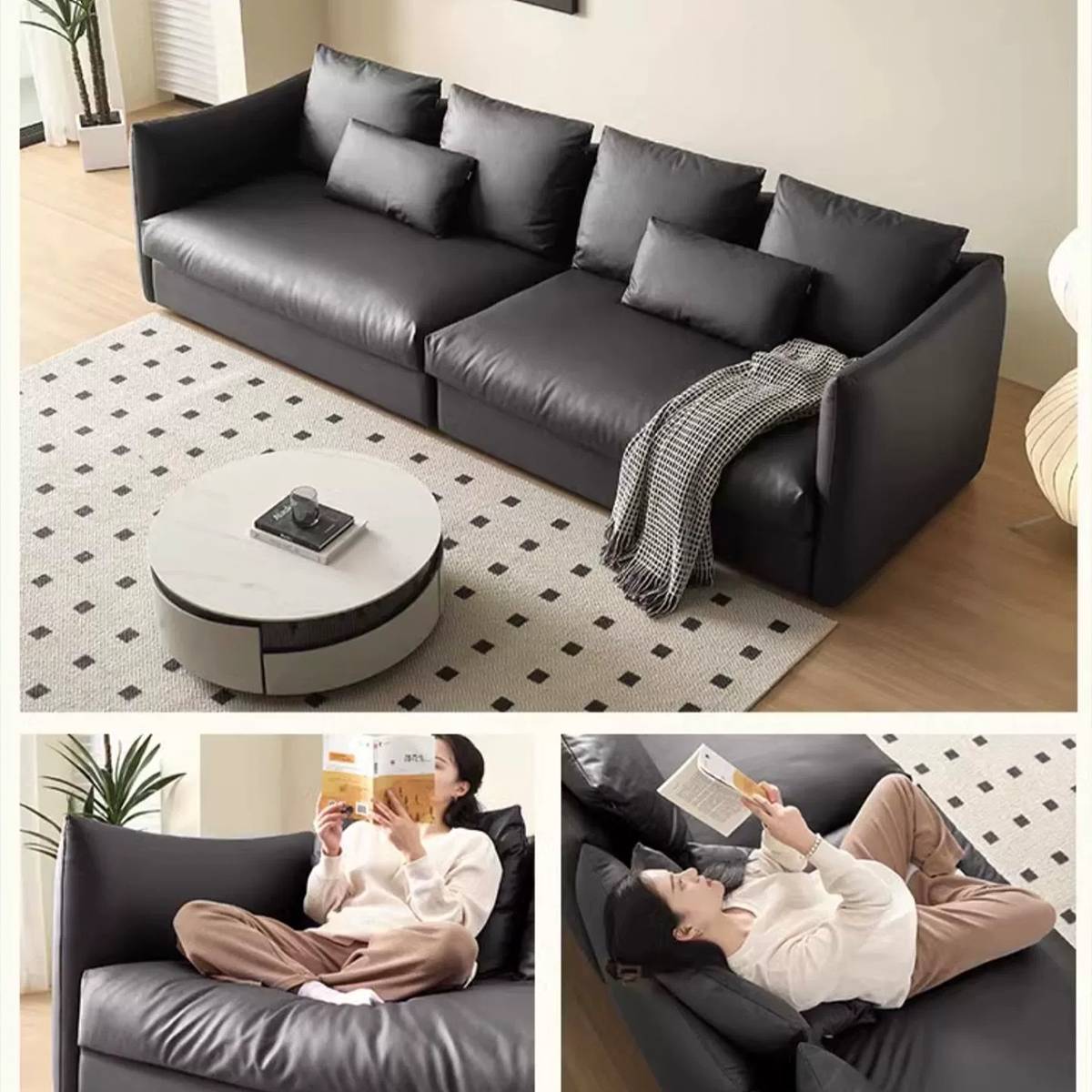 Collage showing a person sitting and lying on the sofa reading