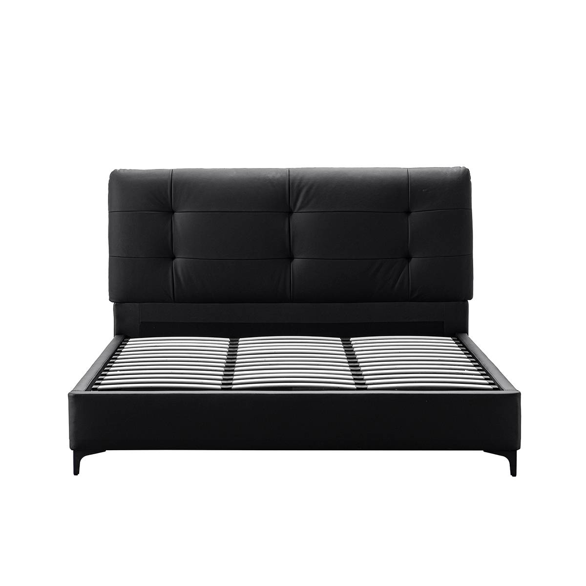 Bed frame without mattress showing slat base